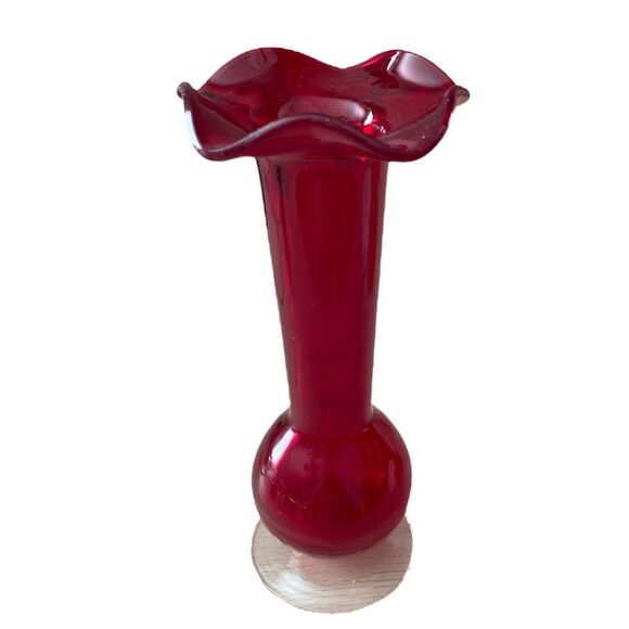 Vintage Ruby Red Glass Bud Vase 8" Ruffled Top Hand Blown Cranberry Style - Picture 6 of 7